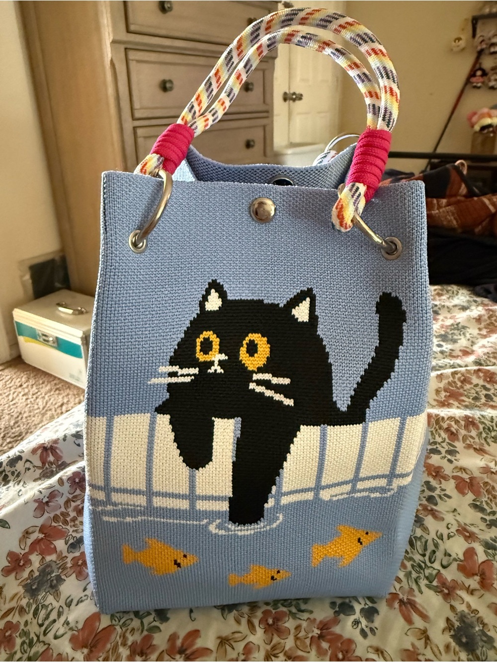 Light Blue Cat Tote Bag with Playful Black Cat Design